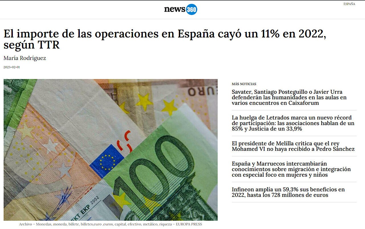 El importe de las operaciones en Espaa cay un 11% en 2022, segn TTR